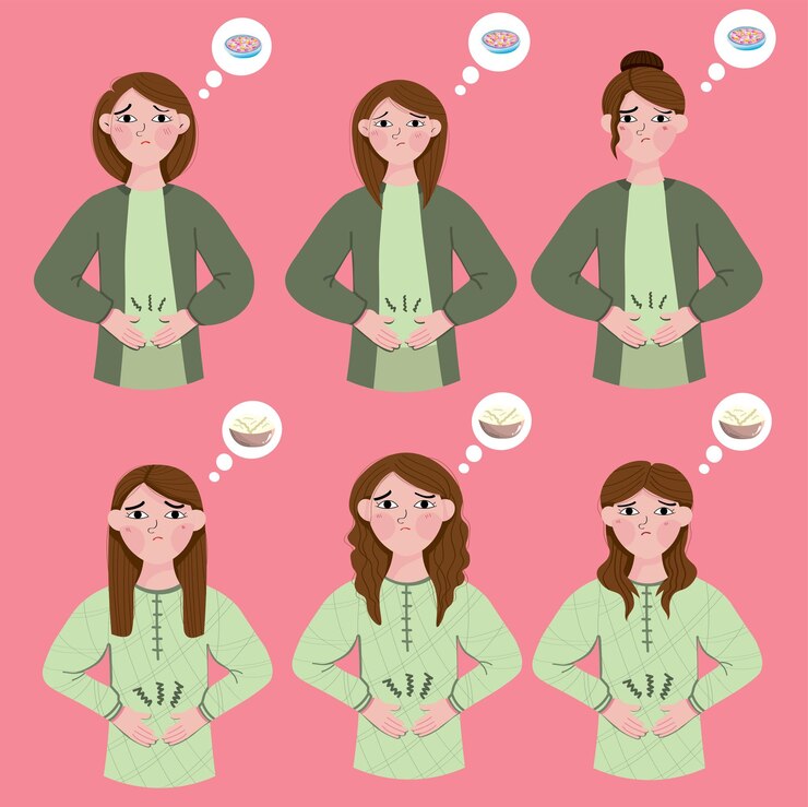Vector woman hold her stomach because she feel hungry and craving