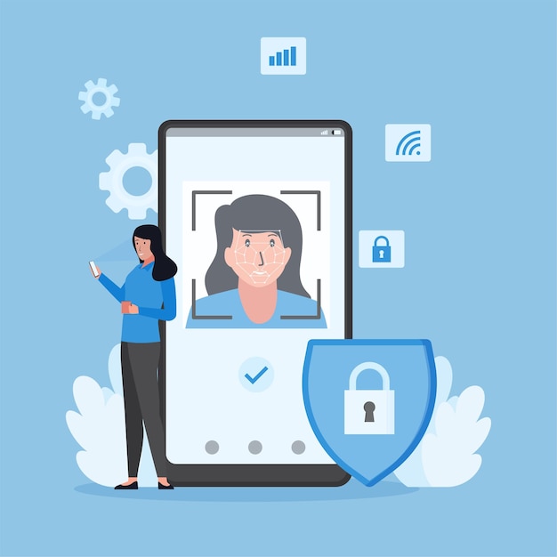 woman hold phone with face recognition.
