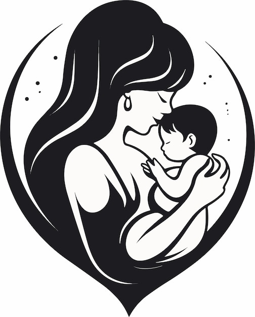 A woman holding a baby and a black and white illustration