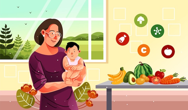 Vector a woman holding a baby in front of a wall with fruits and vegetables.