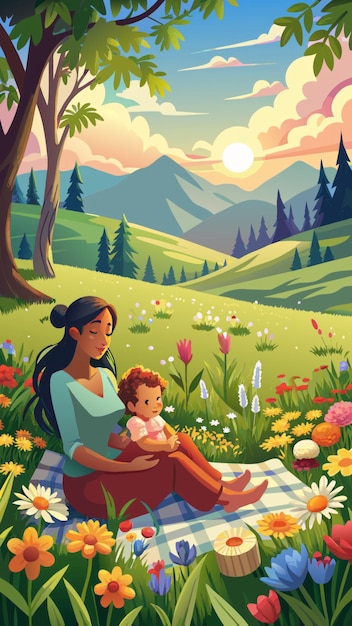 a woman holding a baby and a mountain background