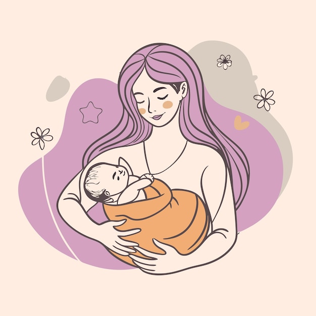 a woman holding a baby and a purple background with stars and a purple background