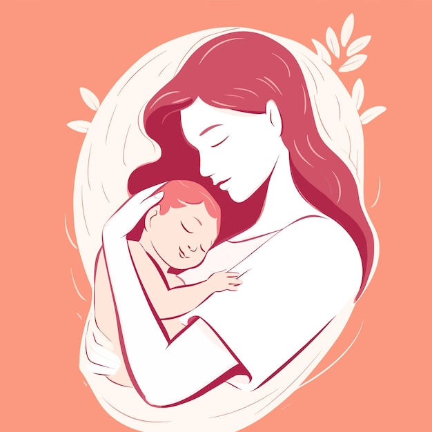 A woman holding a baby with a pink background.