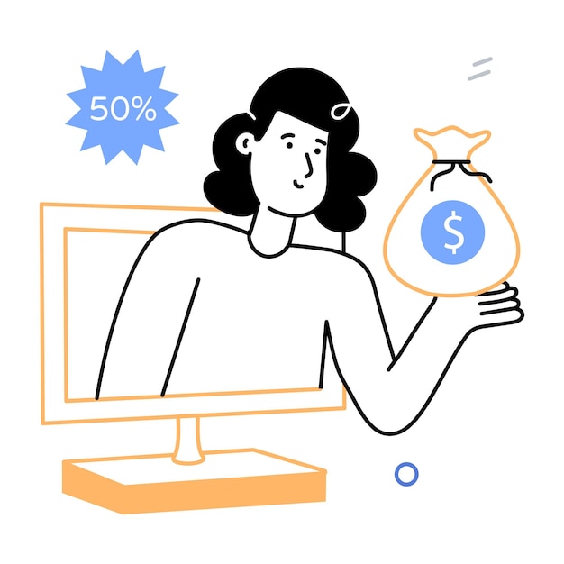 A woman holding a bag of money next to a monitor that says 50 percent on it