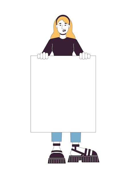 Vector woman holding banner flat line color vector character supportive demonstration positive girl editable outline full body person on white simple cartoon spot illustration for web graphic design