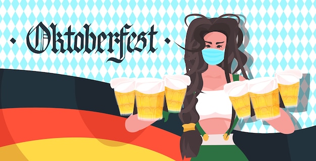 Vettore donna che tiene boccali di birra oktoberfest festa festival celebrazione cameriera indossa la maschera