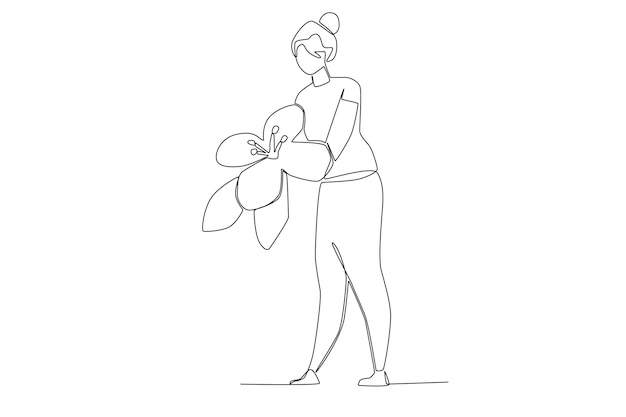 A woman holding a big flower one line art