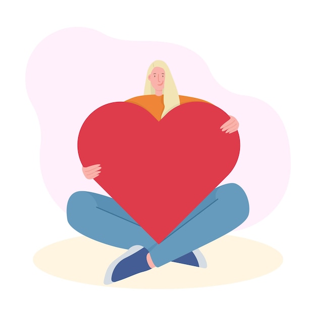 Woman holding big Heart Valentine's Day Flat Concept Vector Modern Cartoon Illustration