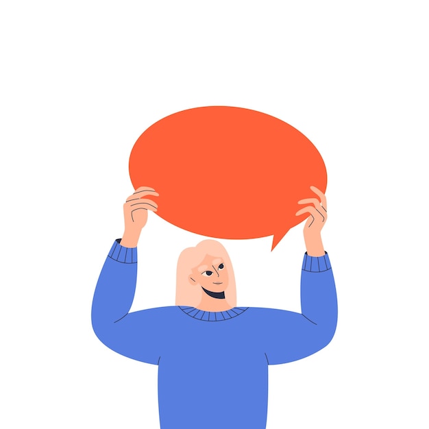 Woman holding blank speech bubble above head, inspiration, idea. Customer feedback, communication