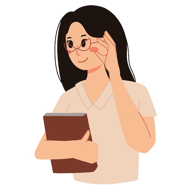 Женщина, держащая книгу в очках, как иллюстрация учителя или студента колледжа