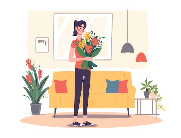 Vector woman holding a bouquet of flowers in living room cartoon style illustration flat illustration