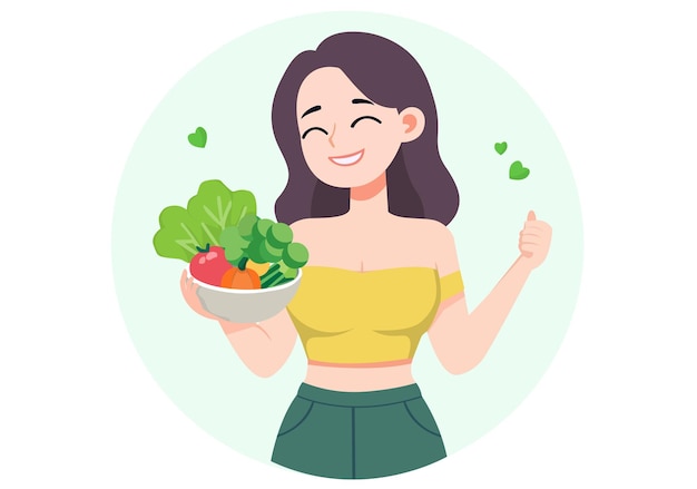 A woman holding a bowl of vegetables she is on a diet to be healthy