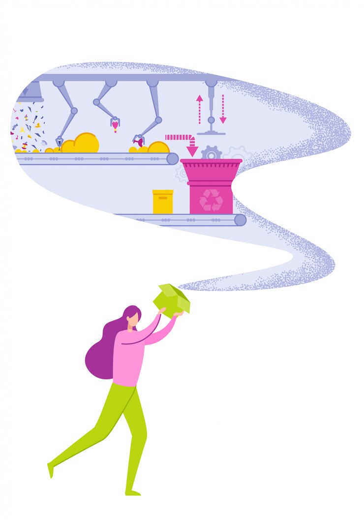 Vector woman holding box with sorting, recycling factory.