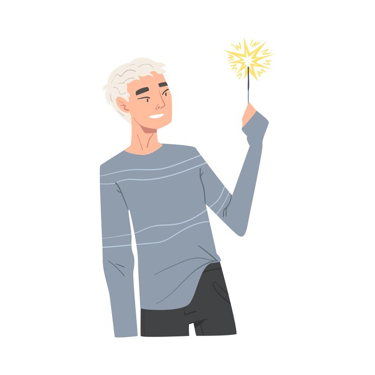 Vector woman holding burning sparkler person in joyful mood celebrating christmas new year or birthday