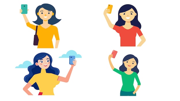 Vector woman holding cell phone in four poses