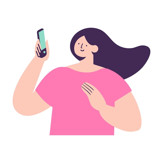 Женщина держит мобильный телефон в руке плоская векторная иллюстрация