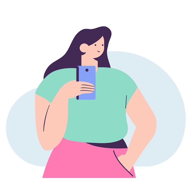 Woman holding cell phone in hand flat vector illustration