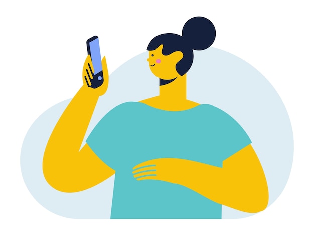 Женщина держит мобильный телефон в руке плоская векторная иллюстрация