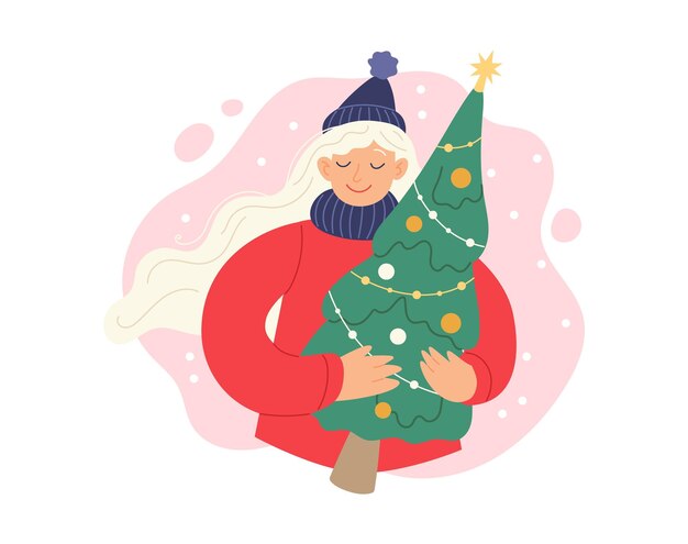 クリスマスツリーを握っている女性シンプルなスタイルのフェスティバルウィンターコンセプトのベクトルイラスト