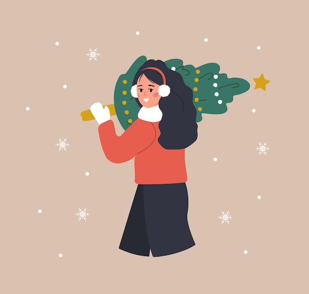Вектор Женщина с рождественской елкой улыбающаяся девушка готовится к зимним праздникам люди покупают рождественскую елку на ярмарке новогодняя открытка векторная иллюстрация в плоском стиле мультфильма