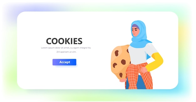 Woman holding cookie protection of personal information internet web pop up we use cookies policy notification