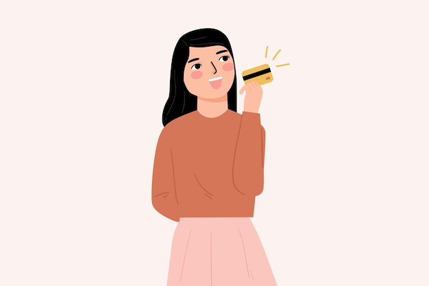 Vector woman holding credit card cartoon illustration