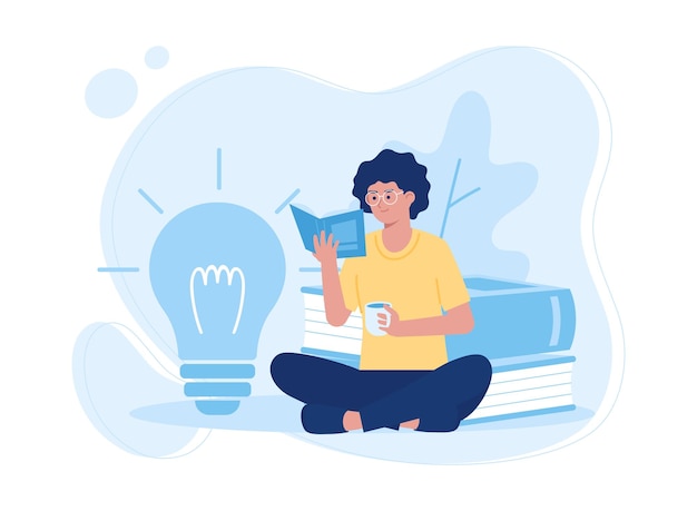 Vector woman holding a cup of coffee and reading a book concept flat illustration