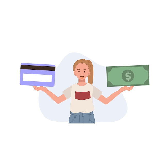 Vettore una donna che tiene la carta di debito o di credito e la banconota di denaro contante concetto di negozio online di pagamento illustrazione del personaggio dei cartoni animati vettoriale piatto