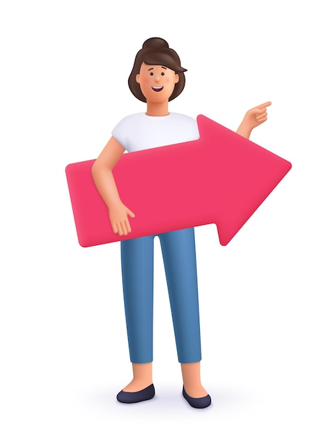 Donna che tiene la freccia di direzione striscia banner 3d vettoriale persone illustrazione di personaggi stile minimalista cartone animato