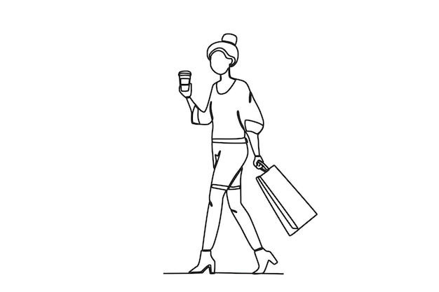 A woman holding a drink and a shopping bag Black Friday oneline drawing