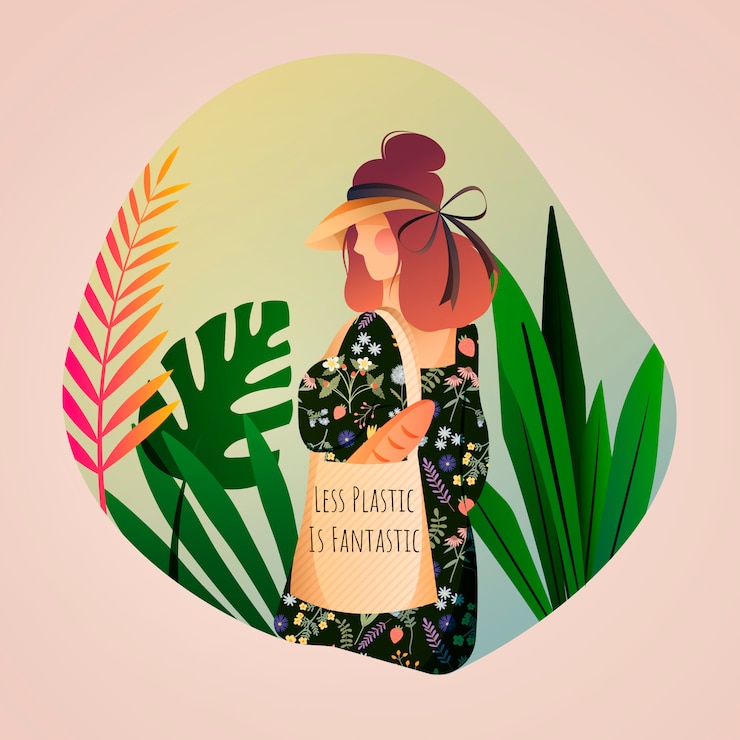 Vector woman holding an eco linen bag with a baguette inside. sustainability and plastic free concept.