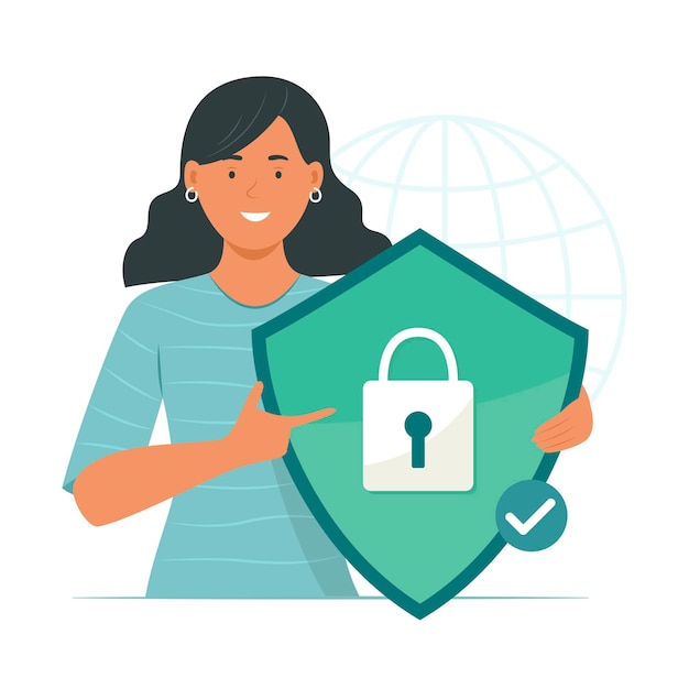 Vector woman holding encryption cyber shield with padlock symbol for cyber security concept illustration