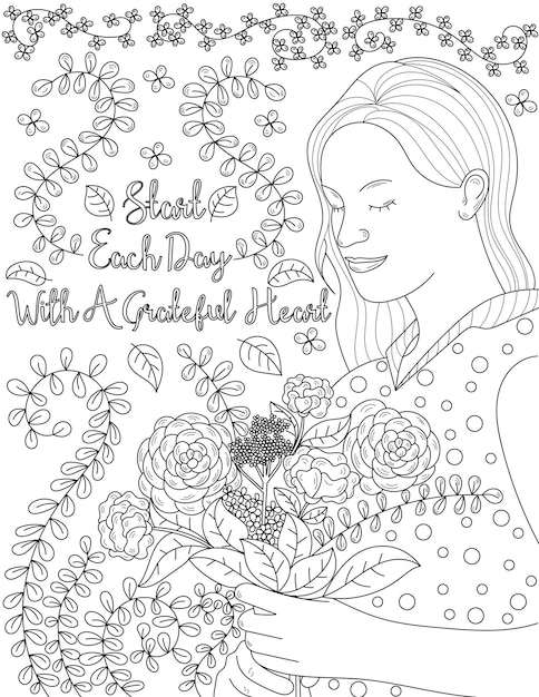 Woman holding flower bouquet with leafy background colorless line drawing lady with closed eyes