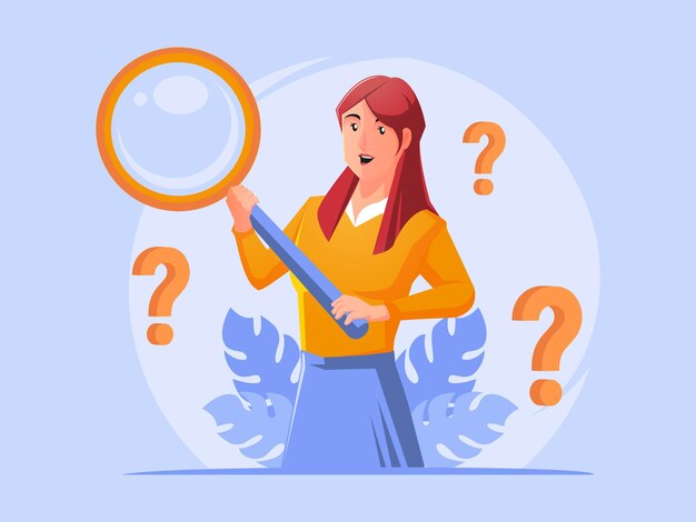 Woman holding giant magnifying glass or loupe search engine concept