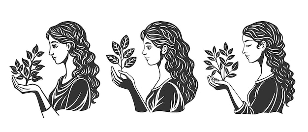 Woman holding growing tree mental health self care or gardening Logo set Black and white