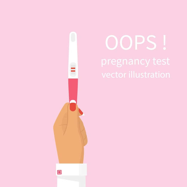 Woman holding in hand positive pregnancy test with two red stripes. Positive result. Checking pregnancy test. Vector illustration flat design. Isolated on background.