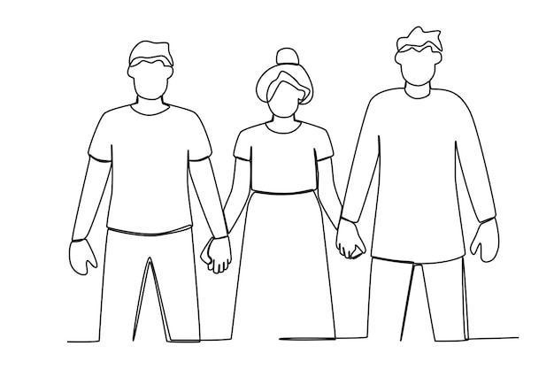 A woman holding hands with two men World population oneline drawing