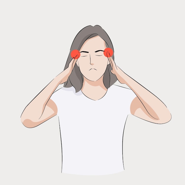 Woman holding head feeling unwell migraine symptom