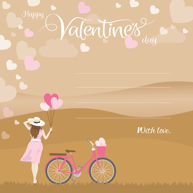 ハート形の風船とバレンタイン書道テキストと自転車を保持している女性