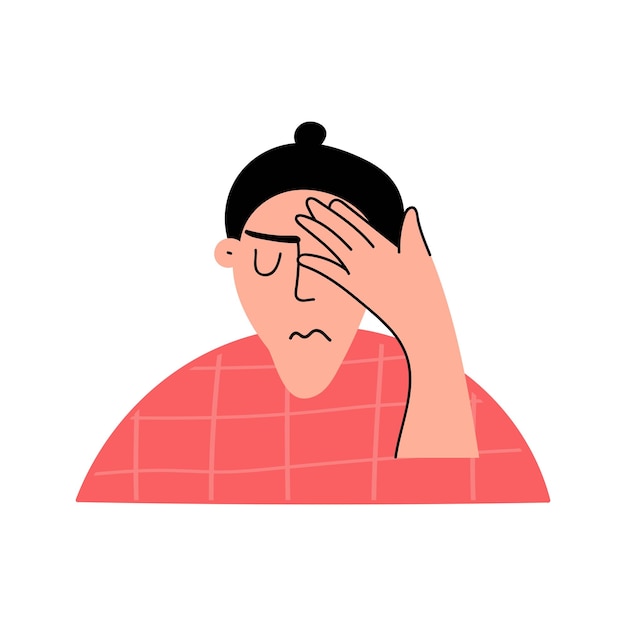 Женщина, держащая лоб, чувствует головную боль векторная иллюстрация на белом фоне