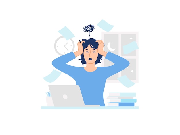 Woman holding her head feeling emotional burnout tired working studying late night overtime deadline