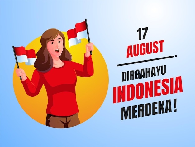 インドネシアの独立記念日を祝い、インドネシア国旗を掲げる女性