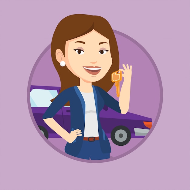 Vector woman holding keys to her new car.