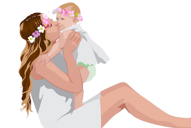 Vector woman holding and kissing her child. white dresses and floral crown