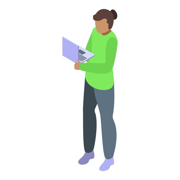 ノートパソコンを握っている女性のイソメトリックイラスト