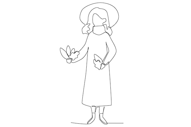 A woman holding leaves one line art