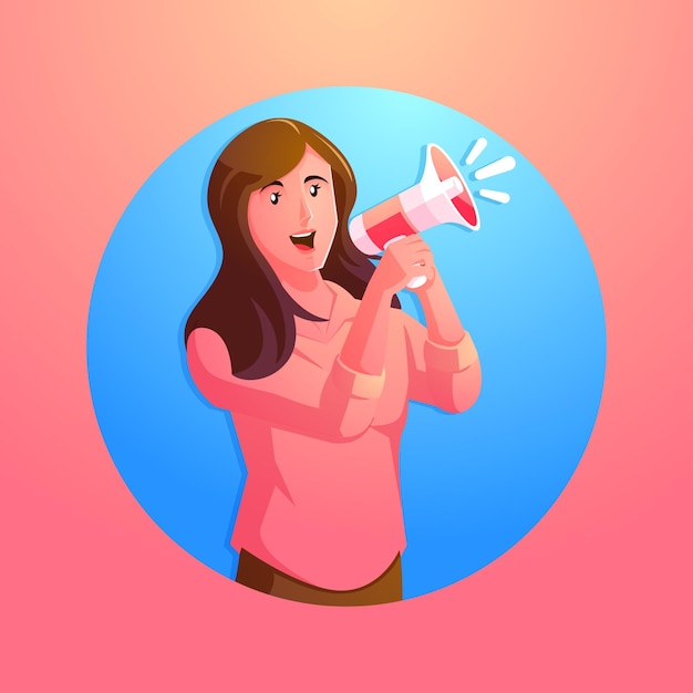 a woman holding a megaphone and shouting into a loudspeaker