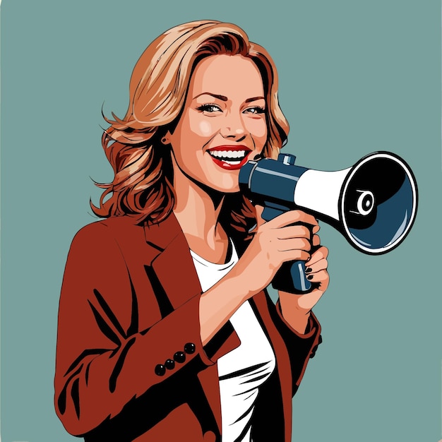 Woman holding megaphone shouting out communication message vector clipart illustration
