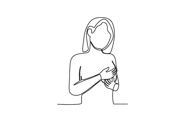 Женщина, держащая одну сторону груди, месяц осведомленности о раке груди, однострочный рисунок