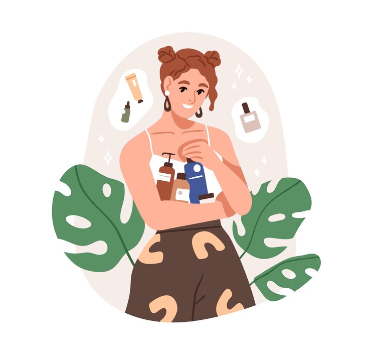 Vector woman holding organic cosmetic products. happy girl with skincare cosmetics bottles, jars in hand. female with eco vegan creams, lotions. flat graphic vector illustration isolated on white background